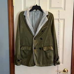 Olive green with gray collar and lining, large black buttons, size M jacket.